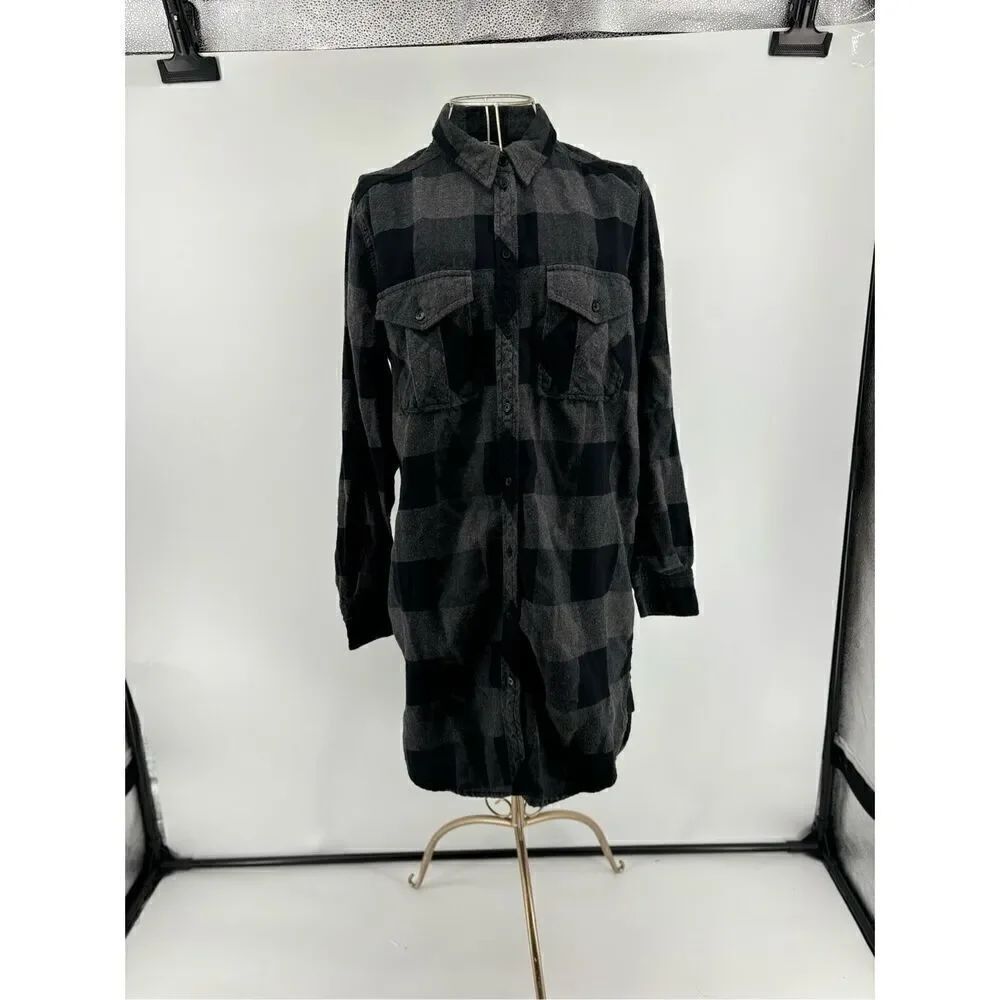 Aritzia Wilfred Free Black Gray Plaid Shirt Dress Long Sleeve Size S